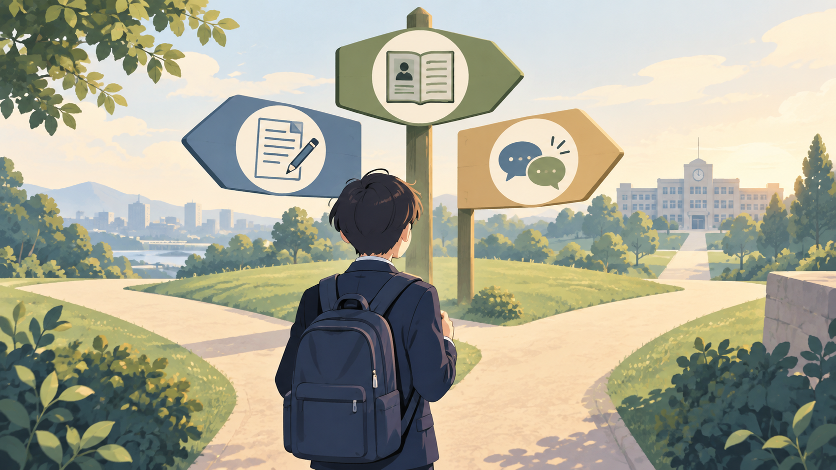 秋に志望校の選抜方法を確認し、進路を考える中学生のイラスト