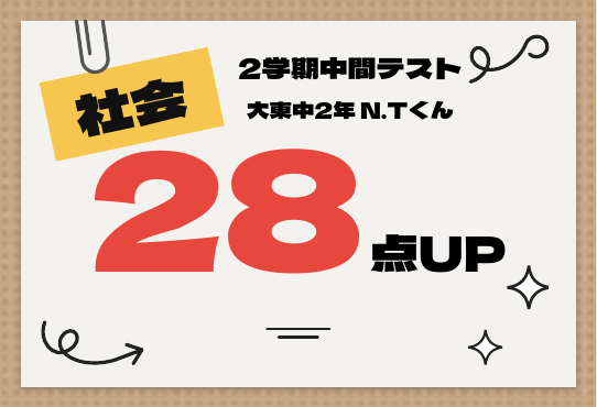 2学期中間テスト 社会 28点UP
